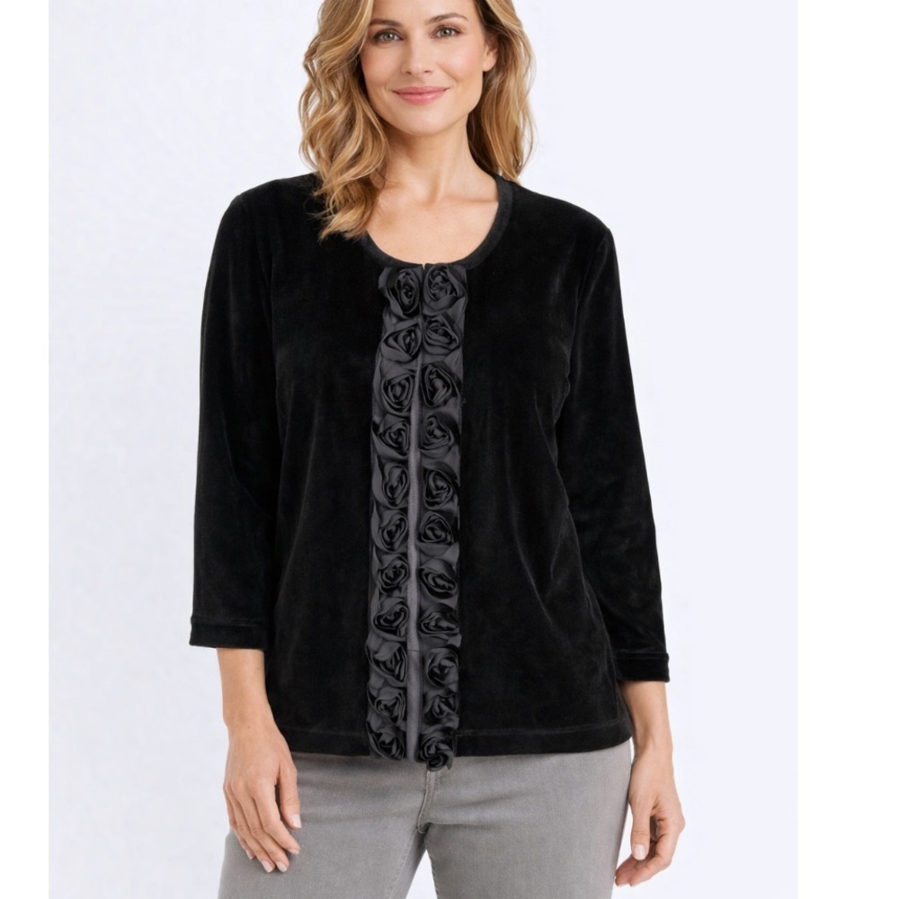 DRESS BARN  Black Velvet Rosette Front Suit Vintage Blazer Jacket